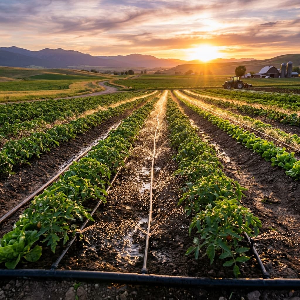 Modern drip irrigation system at sunset