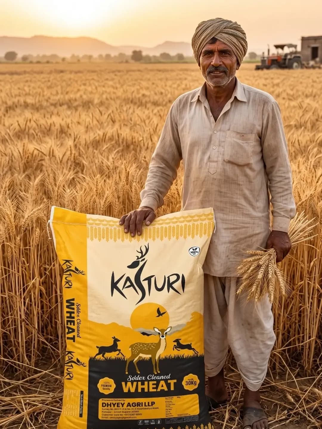 Farmer standing in a wheat field with Kasturi wheat